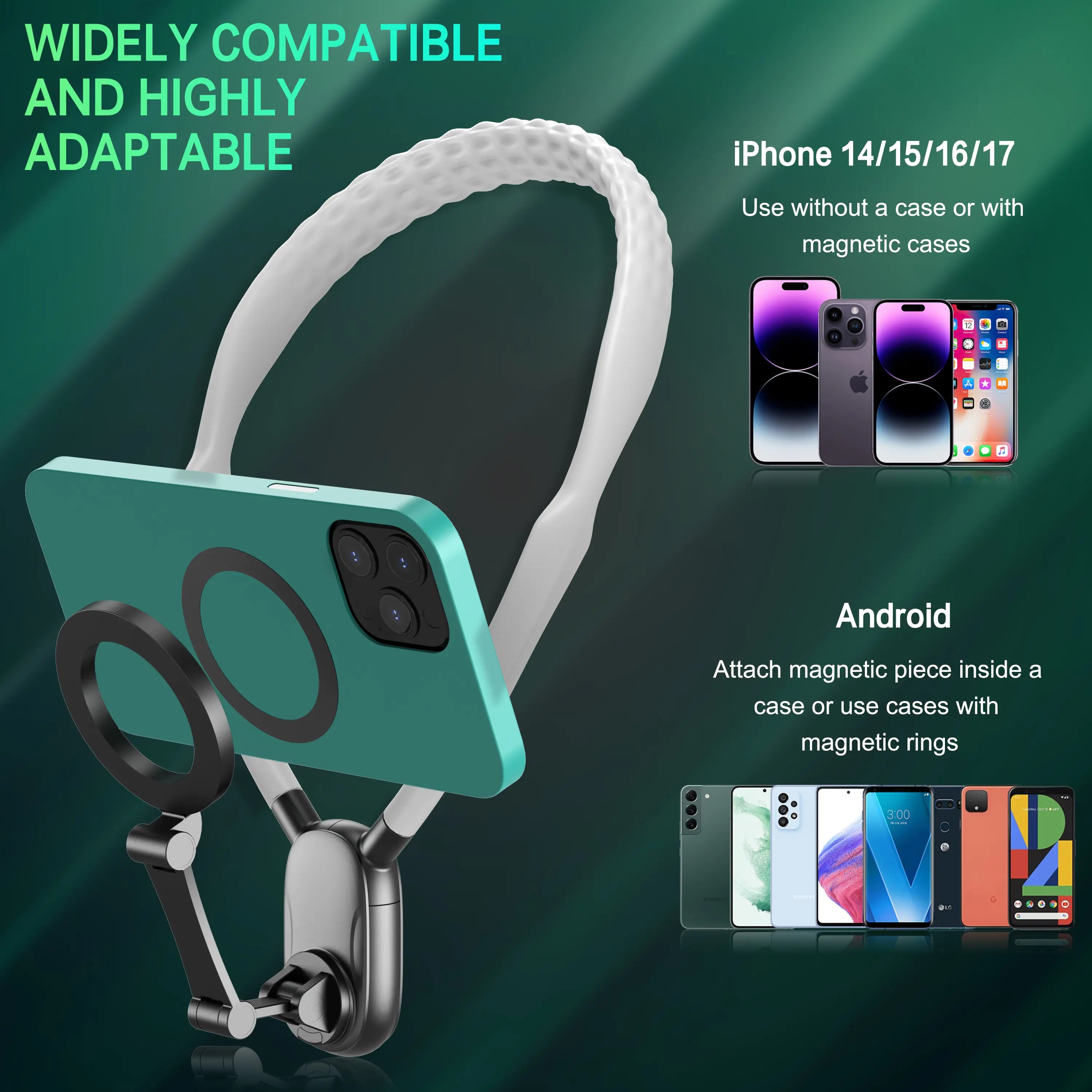Magnetic Mobile Phone Neck Mount - Silicone-Steel Metal Hands-Free Holder with Plug, Landscape-Ready Pov/Vlog Chest Strap for Iphone 17/16/15/14, Cellphone Accessories for Android Smartphones