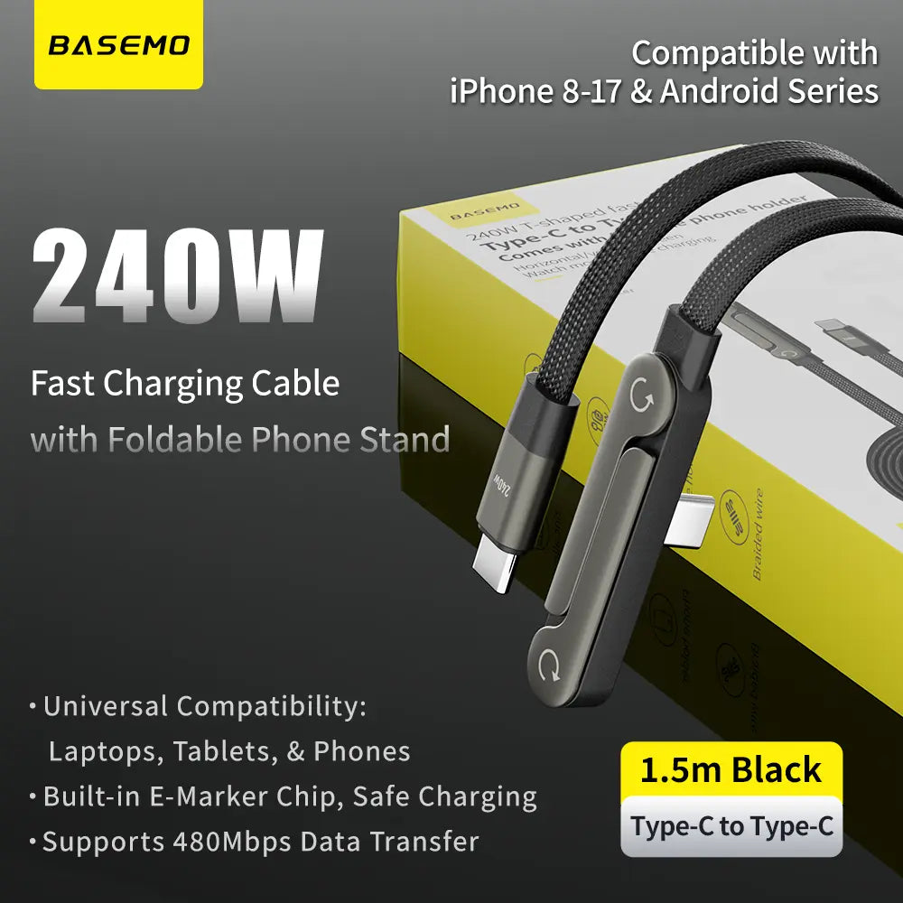 Basemo Invisible Holder Charger Cable with Stand, 240W Super Fast Charging 2-In-1 Fast Charging Cord & Phone Stand for Gaming, Office, Car Travel, Compatible with Iphone Samsung Type-C Charging Cable Black