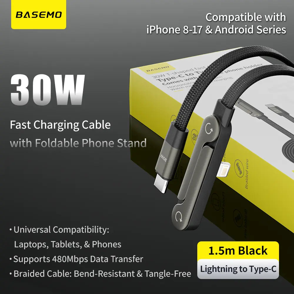Basemo Invisible Holder Charger Cable with Stand, 240W Super Fast Charging 2-In-1 Fast Charging Cord & Phone Stand for Gaming, Office, Car Travel, Compatible with Iphone Samsung Type-C Charging Cable Black