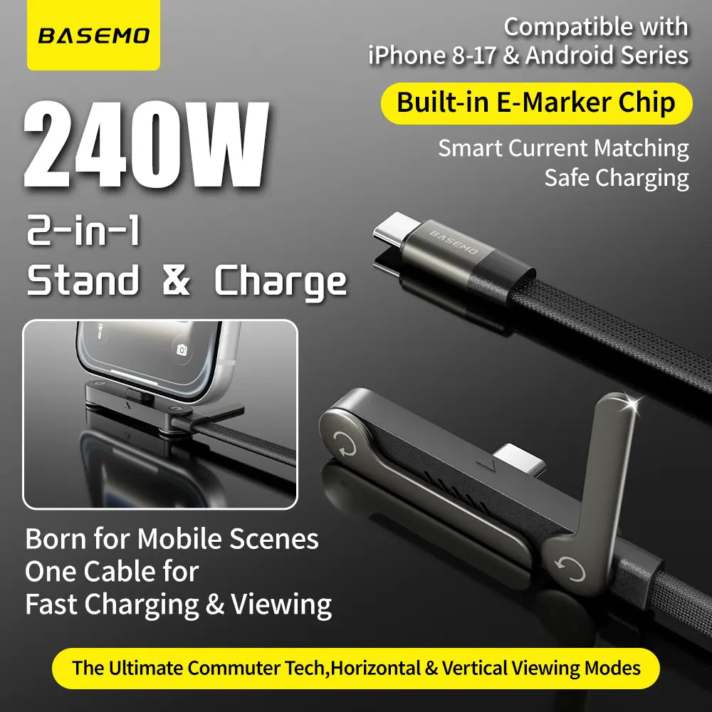 Basemo Invisible Holder Charger Cable with Stand, 240W Super Fast Charging 2-In-1 Fast Charging Cord & Phone Stand for Gaming, Office, Car Travel, Compatible with Iphone Samsung Type-C Charging Cable Black