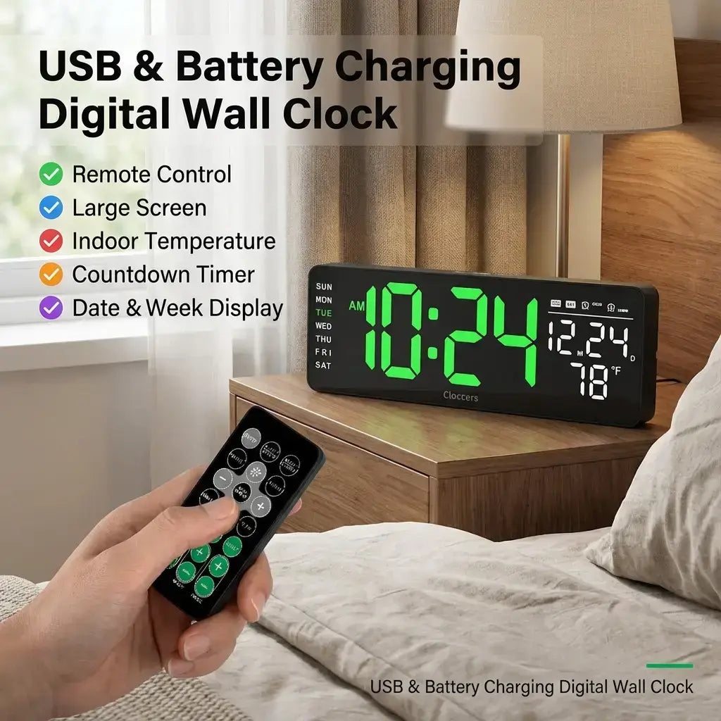 Usb-Powered Digital Wall Clock, Rectangle with Remote Control, Large Display with Indoor Temperature, Date and Week, Countdown Timer (Battery Not Included) #GLOBAL PICKS