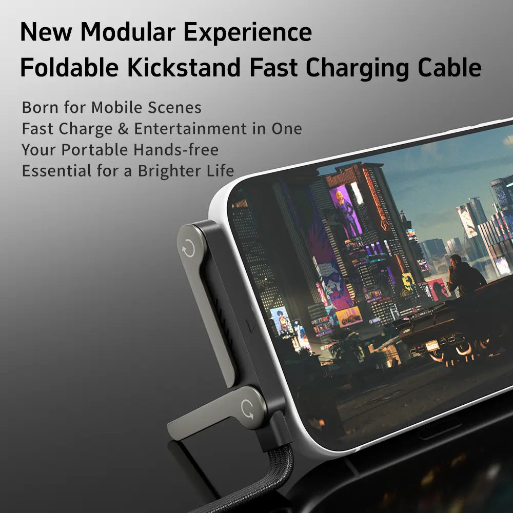 Basemo Invisible Holder Charger Cable with Stand, 240W Super Fast Charging 2-In-1 Fast Charging Cord & Phone Stand for Gaming, Office, Car Travel, Compatible with Iphone Samsung Type-C Charging Cable Black