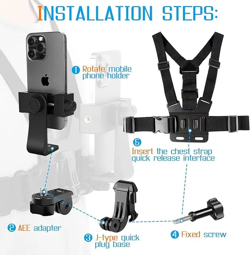 Phone Holder Chest Mount | Tiktok-Ready Stabilizer for POV Videos | Perfect for Jogging, Climbing, Skiing, and More | Lightweight, Durable, Adjustable | the Ultimate Tool for Creative Content and Outdoor Sports Smartphone Silicone Camera Clip Cellphone