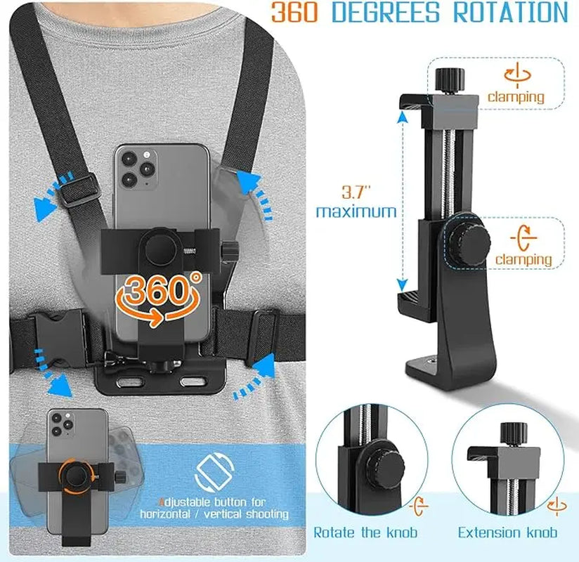 Phone Holder Chest Mount | Tiktok-Ready Stabilizer for POV Videos | Perfect for Jogging, Climbing, Skiing, and More | Lightweight, Durable, Adjustable | the Ultimate Tool for Creative Content and Outdoor Sports Smartphone Silicone Camera Clip Cellphone