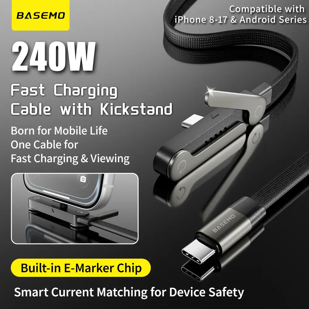 Basemo Invisible Holder Charger Cable with Stand, 240W Super Fast Charging 2-In-1 Fast Charging Cord & Phone Stand for Gaming, Office, Car Travel, Compatible with Iphone Samsung Type-C Charging Cable Black
